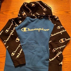 Champion hoodie blue with black logo sleeves